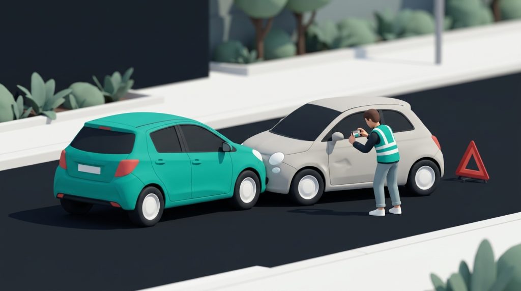 נהג באפוד זוהר מצלם נזק לרכב אחרי תאונה קלה, עם משולש אזהרה על הכביש